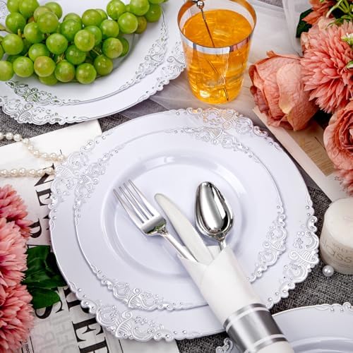 Hioasis 210 Pcs White Silver Plates for Party