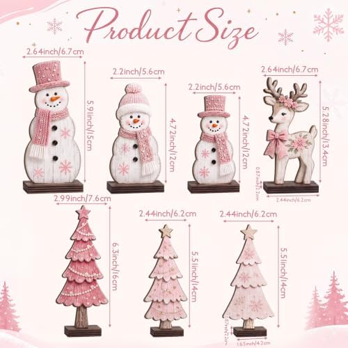 7 Pcs Christmas Table Decor Wooden Snowman Tree Deer Decor, Pink