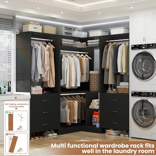 Aheaplus Closet System with 6 Drawers, 4 Hanging Rods & Corner Tower, Corner Closet System with Hanging,80.9" L-Shaped Walk-In Wardrobe Organizer, 2000+ lbs Capacity, Set of 3, Black