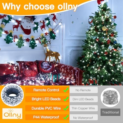 Ollny Christmas Lights 262FT 800LED, Plug-in Outside Tree Lights with Timer and 8 Modes, Remote Control Waterproof Dimmable Outdoor String Light for House Yard Patio Xmas Decorations(Cool White)