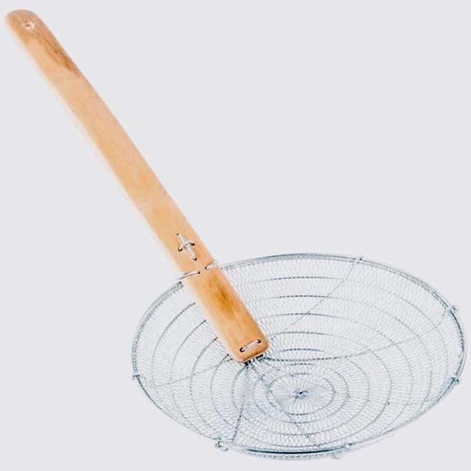12-Inch Galvanized Steel Spider Strainer – Fine Mesh Skimmer with Natural Bamboo Handle for Cooking & Frying Ideal for Home & Professional Kitchens