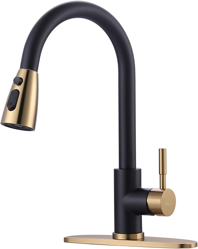 Black and Gold Kitchen Faucet with Sprayer, WOWOW Kitchen Sink Faucet Stainless Steel Single Handle Kitchen Faucets with Deck Plate, 360 Swivel High Arc Single Hole RV Kitchen Faucet