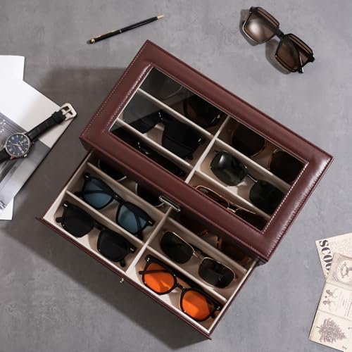 ProCase 12 Slots Sunglasses Organizer, 2 Layer Sunglass Case, Leather Eyeglass Cases for Display and Storage -Brown