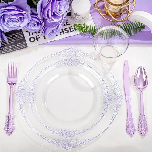 Hioasis 175 Pcs Clear Purple Plates for Party