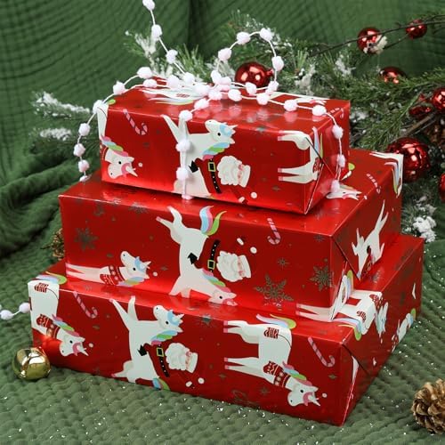 LaRibbons Christmas Foil Wrapping Paper Roll, Classic Santa Unicorn Rainbow Design Gift Wrap Paper for Kids, Christmas, Season Party, Holiday, 17 Inch X 33 Feet