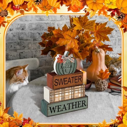 Moucuny 4 Pcs Fall Table Decor Neutral Sage Green Pumpkin Wooden Sign