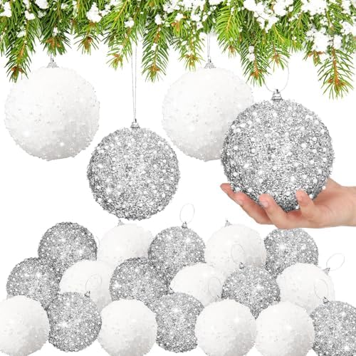 Lyrow 24 Pcs 4" Christmas Ball, White,Silver