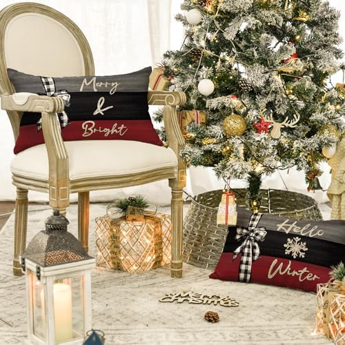 AVOIN colorlife Merry Christmas Joy Xmas Trees Red Throw Pillow Covers, 12 x 20 Inch Christmas Winter Holiday Cushion Case Decoration for Sofa Couch Set of 4