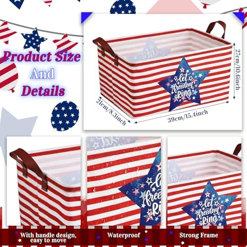 CHENGU 6 Pack 4th of July Storage Baskets Collapsible Patriotic Bins for Gifts 250th Independence Day Red Blue White Large Gnomes Basket Foldable American Flag Box with Handle for Party Bedroom Home