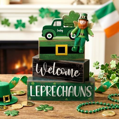 Lineshading 4 Pcs Wooden Leprechaun Block Signs Tiered Tray Decor