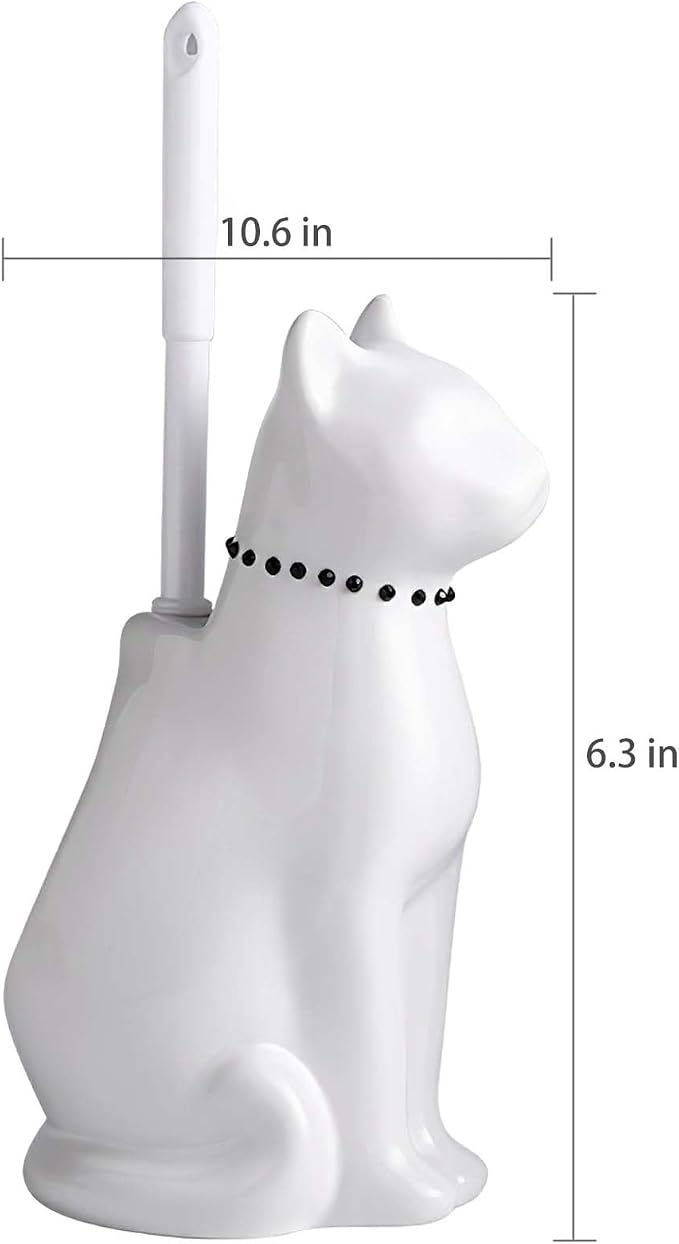 Cat Toilet Brush Holder - Ceramic Whimsical Feline Design with Wide-Mouth Storage, Black Toilet Bowl Brush and Holder Set Cute for Bathroom Ground, Easy-Clean Cat Lover Gift (White)