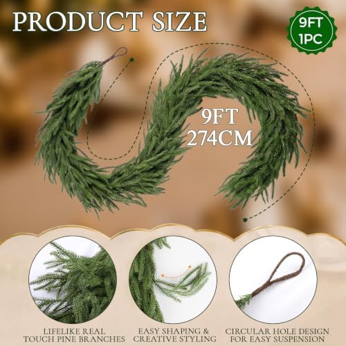 9FT Artificial Norfolk Pine Garland, Real Touch Greenery Garland for Mantel Fireplace Staircase Table Door Wall Window Indoor Outdoor Christmas Decorations