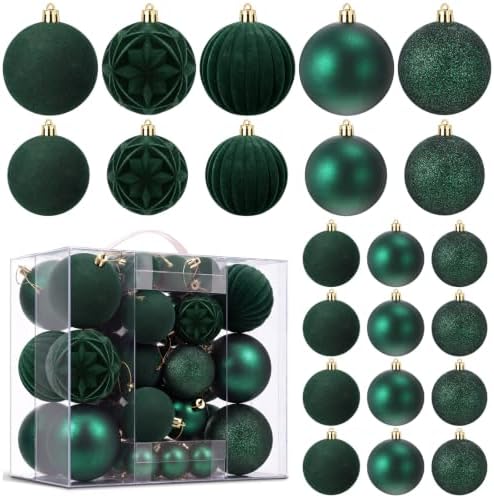 Civaner 52 Pcs Velvet Christmas Ball Ornaments Flocked Christmas Tree Hanging Ornaments 3 Assorted Size Shatterproof Xmas Ball Decorations Set for Xmas Holiday Winter Party Decor(Dark Green)