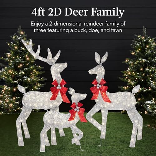 Best Choice Products 4ft 3-Piece 2D Lighted Christmas Deer Family Set, Large Outdoor Yard Reindeer Holiday Decoration with 175 LED Lights, Stakes, Zip Ties - Silver