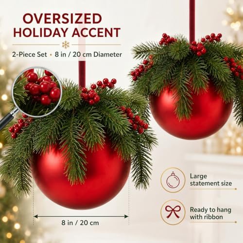 Yalikop 2 Pcs 8" Extra Large Red Christmas Ball Ornament with Pine Branches