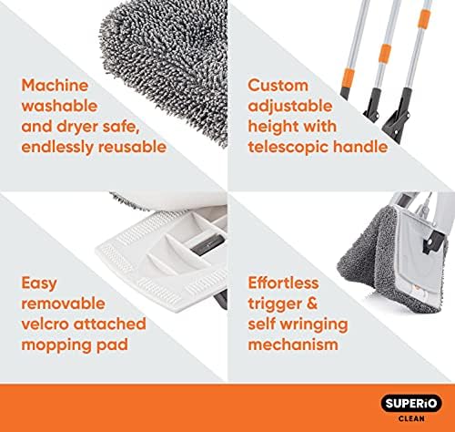 Superio Miracle Microfiber Mop for Hardwood Floors, Tile, Laminate, Walls-self Wringing Flat Mop Telescopic Handle-Lightweight, Heavy Duty-Grey