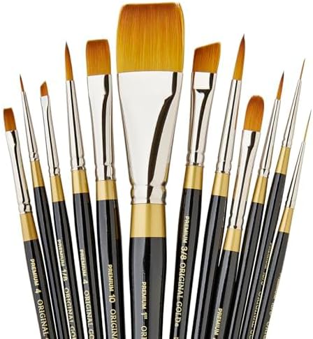 KINGART Premium Original Gold Series Handcrafted Golden Taklon Multimedia Artist Brushes, Set of 12, Black Glosss Handle, for Oil, Acrylic, Watercolor & Gouache Paints