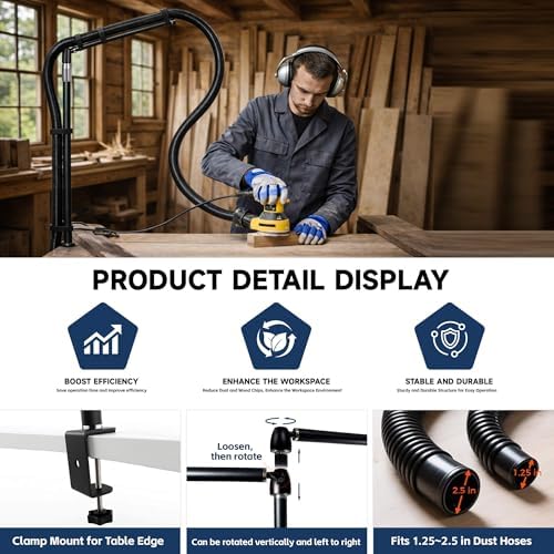 Dust collection boom arm, Adjustable Clamp Mount Hose Holder with 360° Rotatable Swivel Head & Two 40cm Extension Arms for CNC Lathe Woodworking Table Saw Router Table Dust Collection System