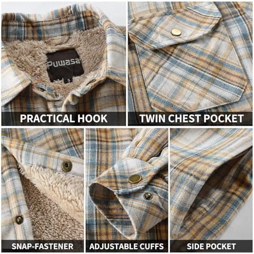Men's Sherpa Cotton Flannel Shirt Jacket Plaid Button Coat Pocket