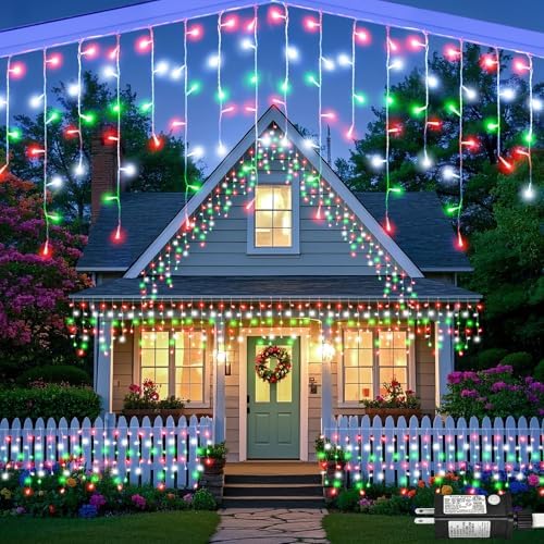 33ft Red White and Green Christmas Lights, 400 LED Icicle Lights for Outside, Clear Wire Connectable Twinkle Light with 8 Modes Timer Waterproof for House Window Party Tree Holiday Patio Yard Home