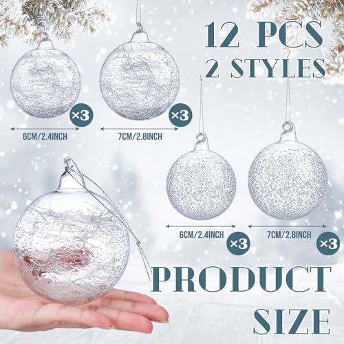 Uiifan 12 Pcs Clear Glass Christmas Ornaments Balls Bulk Blown Glass Christmas Tree Ornaments Assorted Size Iridescent Balls Xmas Tree Home Decorations (2.36 in,2.76 in)