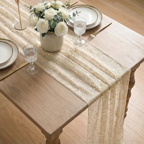 Artoid Mode Gold Gauze Champagne Table Runner 120 Inch 10FT, Glitter Metallic Foil Sheer Dining Wedding Anniversary Holiday Birthday Table Decor for Home Party