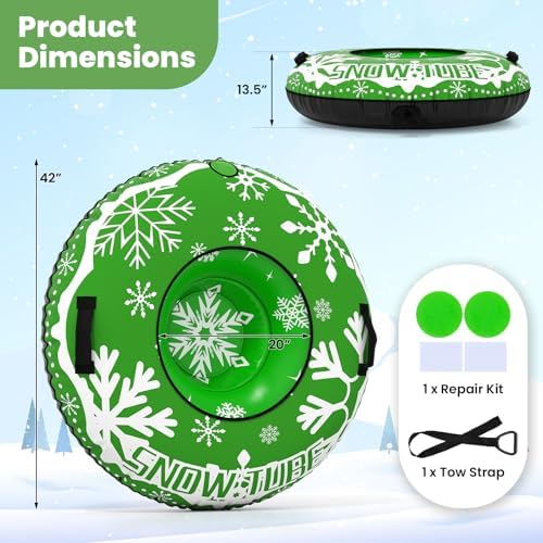 Goplus Inflatable Snow Tube, 42" Heavy-Duty Snow Sledding Tube with Detachable Tow Strap, Thickened Bottom, 3-in-1 Valve, Handles, Winter Outdoor Fun Toy for Kids & Adults, Christmas Birthday