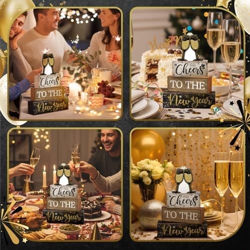 Moucuny 4 Pcs New Year Wooden Block Signs Farmhouse Table Centerpiece
