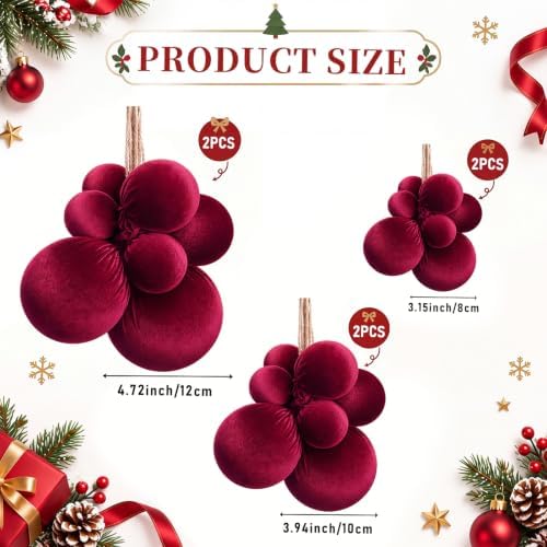 6 Pack Burgundy Christmas Ball Clusters Ornaments Decorations