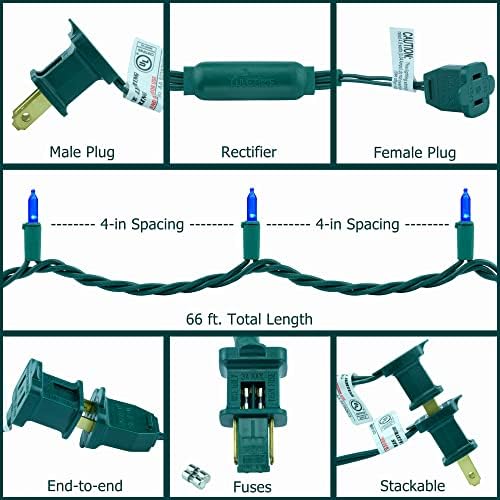 YULETIME 200 Blue LED Christmas Lights, 66 ft Green Wire UL String Light
