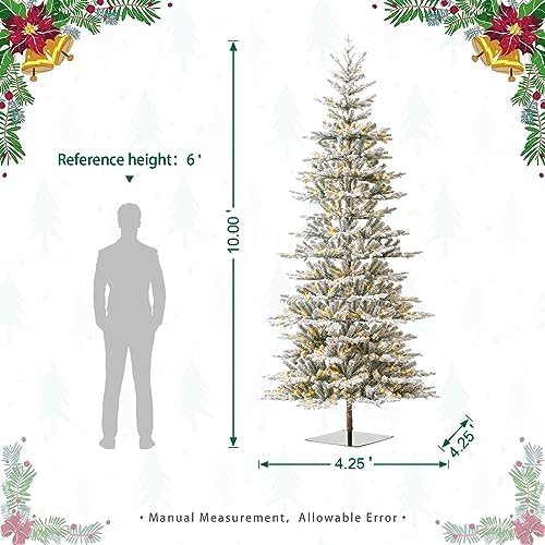Glitzhome 10ft Prelit Christmas Tree, Artificial Flocked Christmas Tree with 2335 PE&PVC Branch Tips, Deluxe Majestic Frostfall Fir Holiday Tree w/700 Warm White Lights, Three Function, Easy Assembly