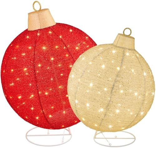 Best Choice Products 2pc Lighted Pop-Up Outdoor Christmas Ornament Set, Holiday Ball Decoration w/ 220 LED Lights, 8 Light Functions - Red/Gold