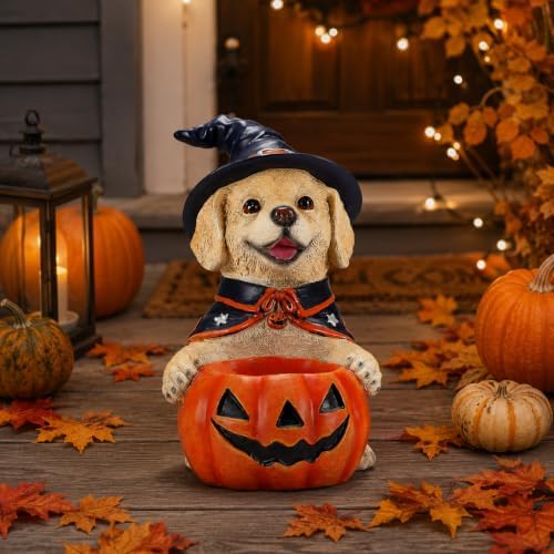Halloween Decorations Labrador Puppy Figurine with Pumpkin Candy Bowl