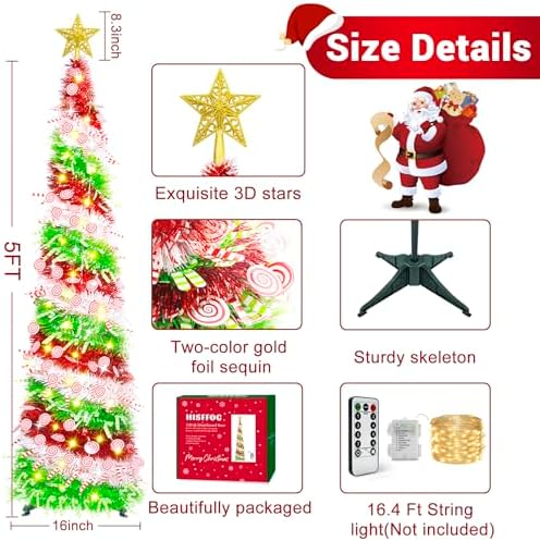 HISFFOG 5FT Pop Up Christmas Tree with 8 Rmote Lights Modes - 3 Color Sequin Tinsel Christmas Tree, Collapsible Artificial Pencil Christmas Trees Decorations for Home, Apartment, Office, Party