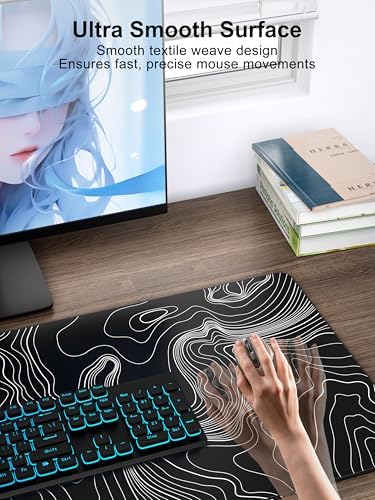 Mouse Pad with Wireless Charging, Large Desk Mat, Black Topographic Map #2