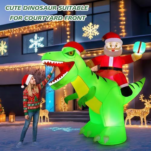 7.9FT Christmas Inflatables Santa Riding Giant Dinosaur for Party Xmas