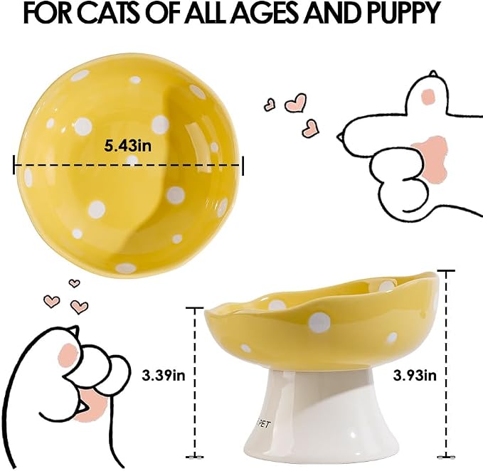 Ceramic Elevated Cat Bowls, Tilted Raised Pet Dish Anti Vomit Kitten Bowl for Indoor Cats, Whisker Friendly Pet Food and Water Bowl for Kitten, Cat, Puppies, Dishwasher Safe (Yellow) | Elevated, Ceramic, Whisker Friendly, Wide Opening, Anti Vomitin,Cut...