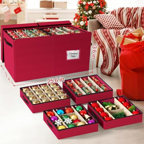 StorageRight Christmas Ornament Storage Box - Ultra Large Drawer Ornament Organizer with 8 Separate Trays & Adjustable Dividers, Portable Ornaments Box with Cover & Handle for Holiday Decorations(Red)