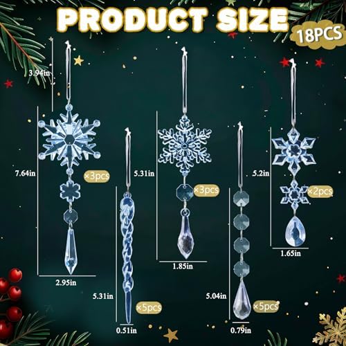 Crystal Christmas Tree Ornaments, Blue Acrylic Snowflake & Icicle, 18pcs