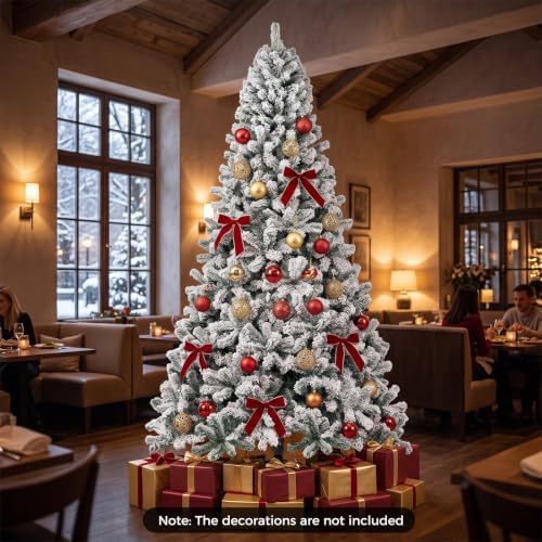 HAPPYGRILL 9 FT Flocked Christmas Tree Artificial Xmas Tree with 1498 PVC Branch Tips, Hinged Xmas Tree Life-Like Seasonal Holiday Tree for Home Office
