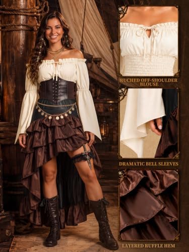 SOMSOC Pirate Costume Women Outfit with Renaissance Pirate Shirt Skirt Corset Waist Belt Accessories Set for Halloween