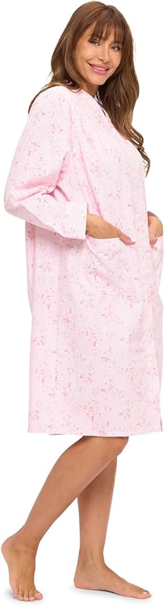 Casual Nights Women's Floral Snap Front Flannel Duster Long Sleeve Lounger Dress