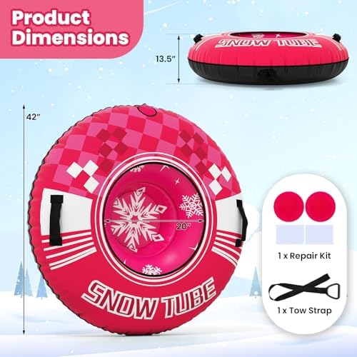 Goplus Inflatable Snow Tube, 42" Heavy-Duty Snow Sledding Tube with Detachable Tow Strap, Thickened Bottom, 3-in-1 Valve, Handles, Winter Outdoor Fun Toy for Kids & Adults, Christmas Birthday
