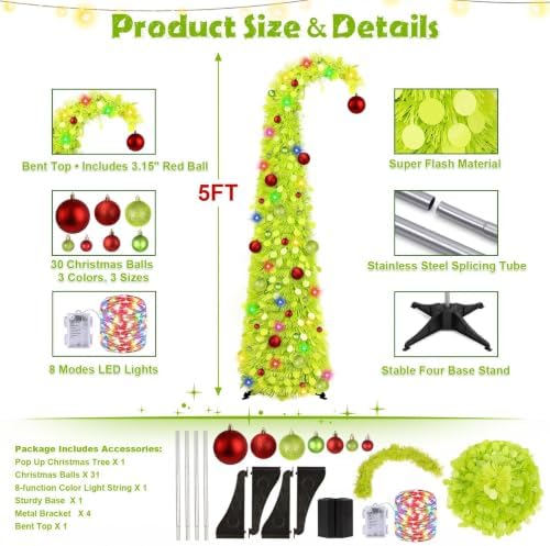 N&T NIETING Whimsical Pop Up Christmas Tree with Lights & 31 Balls, 5Ft Collapsible Tinsel Tree Decorations for Holiday Home Office Decor, Green