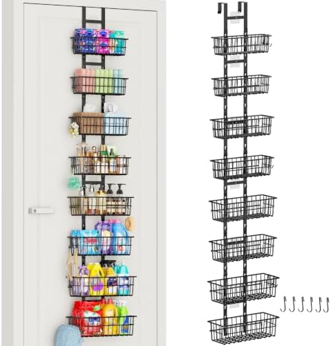 Hongtamoya 8 Tier Over The Door Organizer, Adjustable Hanging Door Organizer with 8 Wire Baskets 6 Hooks, Behind The Door Storage for Pantry Closet Bedroom Bathroom Cabinet Kitchen Laundry Room, Black
