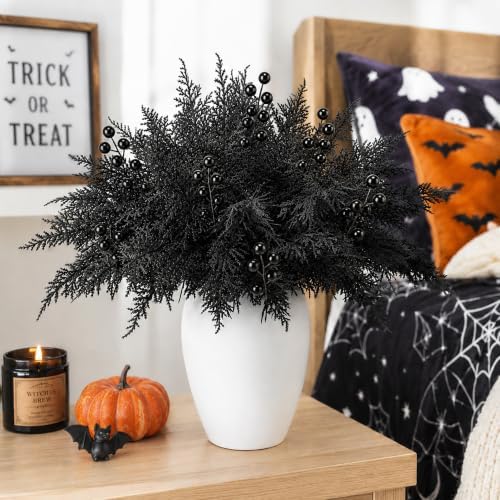 45 Pcs Halloween Black Cypress Leaf Branches, Faux Black Stems Centerpieces