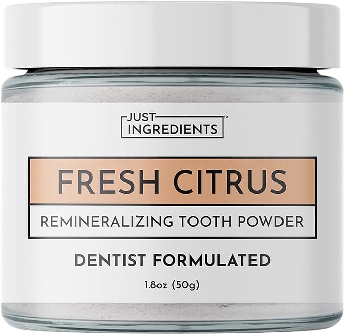 JUST INGREDIENTS Remineralizing Tooth Powder Citrus - Fluoride-Free - 1 oz | Mineral Oral Care, Calcium Carbonate, Bentonite Clay, Plaque Control, Enamel Support, Vegan, Non-GMO, Spout Bottle, Adult Use