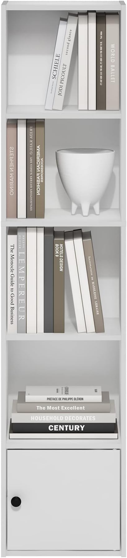 Furinno LUDER Book Shelf, 5-Tier Modern Bookshelf, Bookcase with 1 Door Storage Cabinet, 9.3 x 12 x 52, for Organization and Storage, for Living Room, Bedroom, Home Office, White