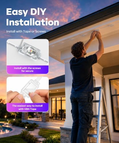Permanent Outdoor Lights, 100ft RGBWW Smart LED Eaves Lights with Warm/Cool White, Local Bluetooth App Control IP67 Waterproof Architectural House Exterior Lighting for Daily Accent