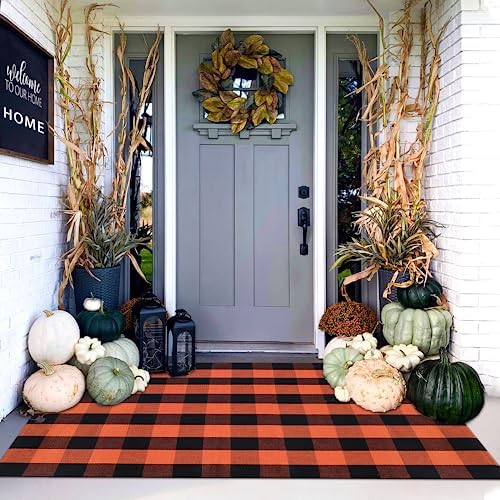 Orange and Black Plaid Rug, 4' x 6' Fall Outdoor Front Door Decor Mat, Cotton Washable Hand-Woven Rug for Layered Doormat, Autumn Halloween Thanksgiving Carpet for Porch, Entryway